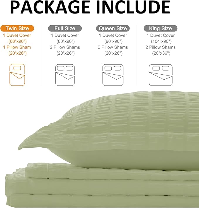 Cozyide Green Twin Duvet Cover, 2 Pieces Bedding Duvet Covers, Soft Breathable Seersucker Duvet Cover Set with Zipper Closure and Corner Ties (1 Duvet Cover 68"x90" + 1 Pillow Sham 20"x26")