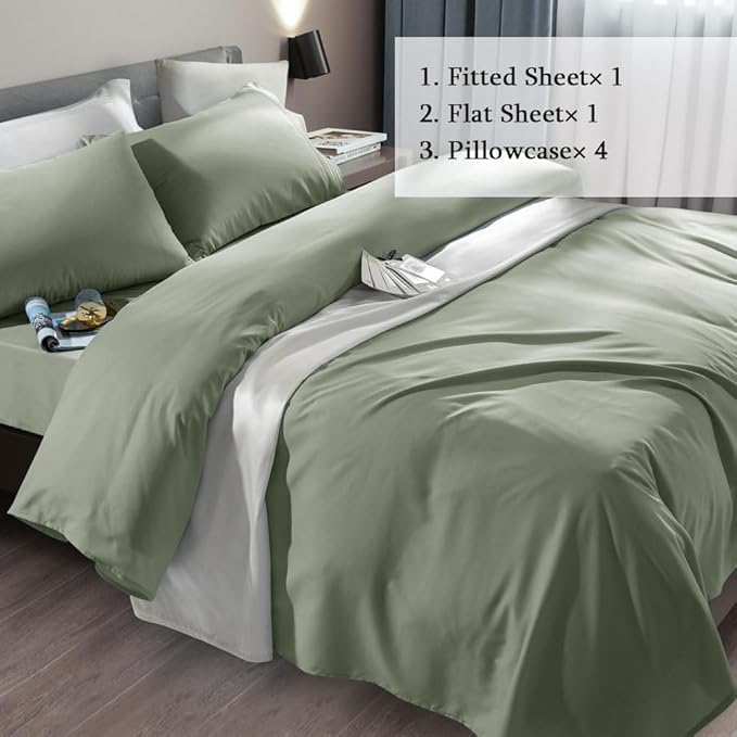 SONORO KATE Bed Sheet Set Super Soft Microfiber 1800 Thread Count Luxury Egyptian Sheets Fit 18-24 Inch Deep Pocket Mattress Wrinkle-6 Piece (Sage, California King)