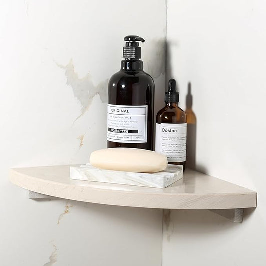 Koville 10'' Natural Marble Shower Corner Shelf for Bathroom, Wall Mounted Stone Corner Shower Caddy 1 Layer, No Drilling, Modern, Polished, Durable, Conical, Bathroom Storage - 1 Item