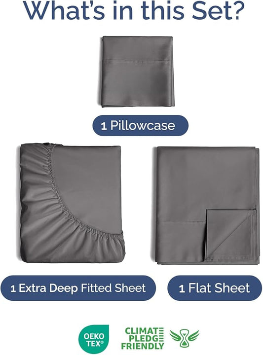 Extra Deep Pocket Twin Sheets - 3 Piece Breathable & Cooling Bed Sheets - Hotel Luxury Bed Sheet Set - Soft, Wrinkle Free & Comfy - Easily Fits Extra Deep Mattresses - Deep Pocket Dark Grey Sheets Set