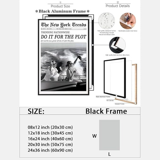 Retro New York Trends Wall Art Black and White Newspaper Poster Do It for The Plot Canvas Prints Funky Feminist Posters Trendy College Wall Decor for Bar Cart Hot Girl Dorm Room Decorative 24x36inch black framed