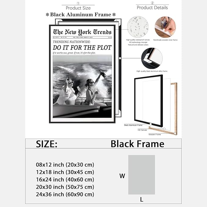 Retro New York Trends Wall Art Black and White Newspaper Poster Do It for The Plot Canvas Prints Funky Feminist Posters Trendy College Wall Decor for Bar Cart Hot Girl Dorm Room Decorative 12x16inch black framed