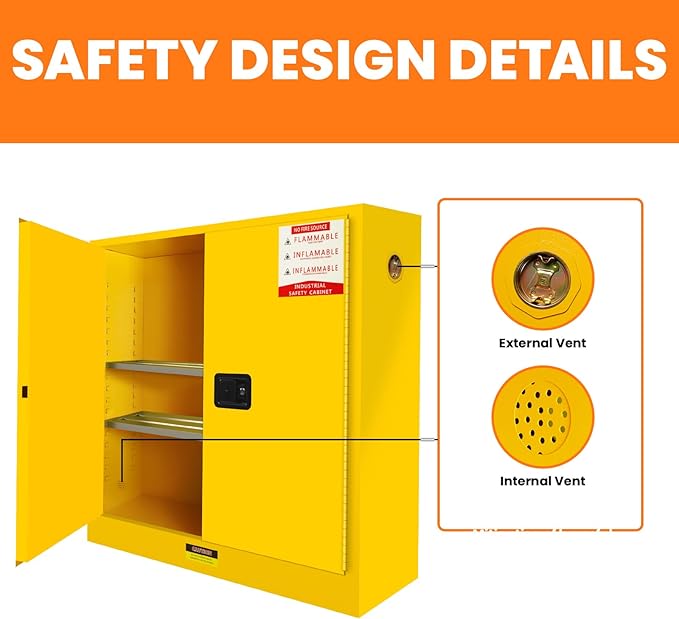 55 Gallon Flammable Storage Cabinet, 50"x18"x44" Metal Storage Cabinet with Adjustable Shelf, Three-Point Locking System for Commercial, Industrial and Garage Use，Yellow