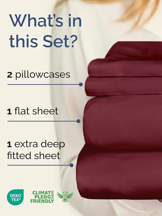 Extra Deep Pocket Queen Sheet Set - 4 Piece Breathable & Cooling Bed Sheets - Hotel Luxury Sheet Set - Soft, Wrinkle Free and Comfy - Easily Fits Extra Deep Mattresses - Deep Pocket Burgundy Sheets