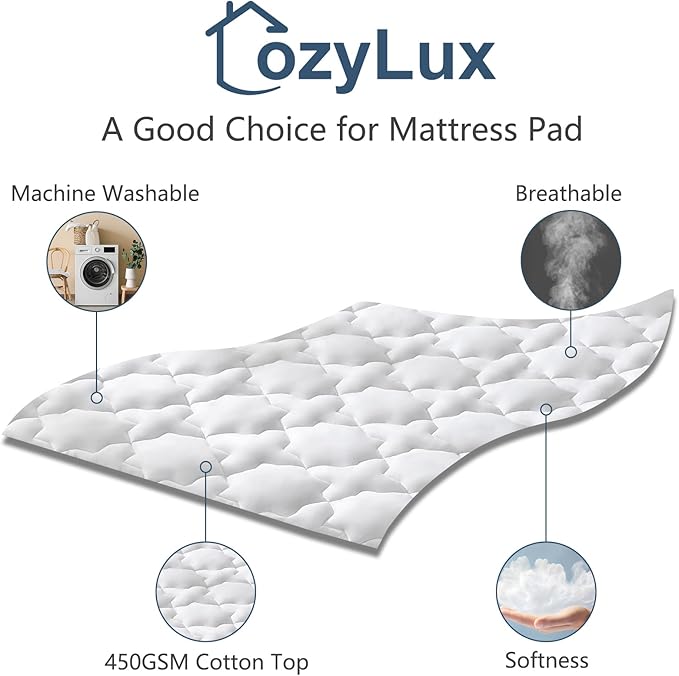 CozyLux California King Mattress Pad Deep Pocket Up to 21" Non Slip Cotton Cooling Mattress Topper Breathable and Soft Mattress Cover Thick Pillowtop 450GSM Bed Mattress Pad (72x84) Inches White