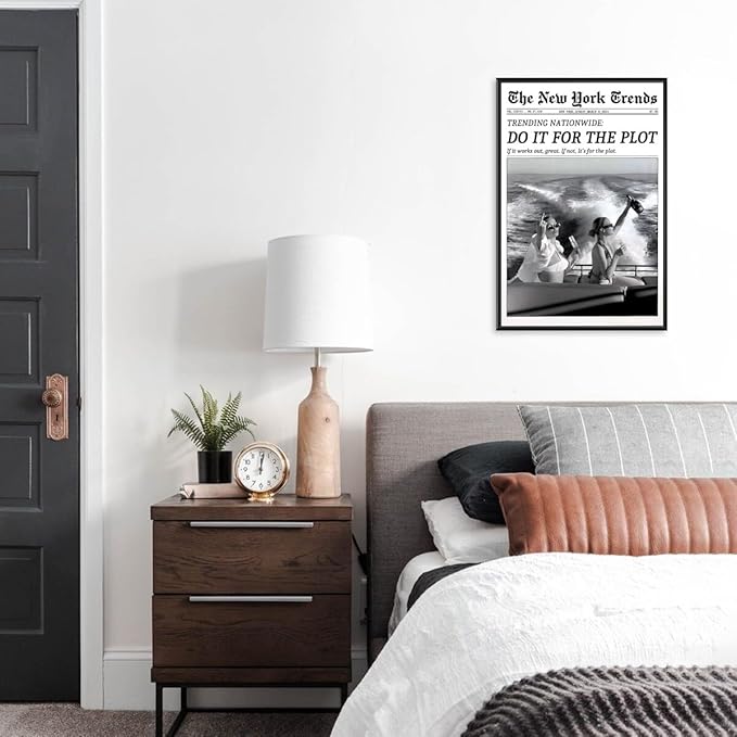 Retro New York Trends Wall Art Black and White Newspaper Poster Do It for The Plot Canvas Prints Funky Feminist Posters Trendy College Wall Decor for Bar Cart Hot Girl Dorm Room Decorative 16x24inch black framed