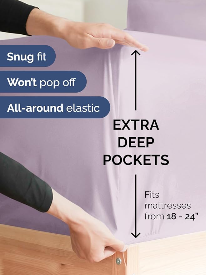 Extra Deep Pocket Queen Sheet Set - 4 Piece Breathable & Cooling Bed Sheets - Hotel Luxury Sheet Set - Ultra Soft, Wrinkle Free & Comfy - Fits Extra Deep Mattresses - Deep Pocket Light Lavender Sheets