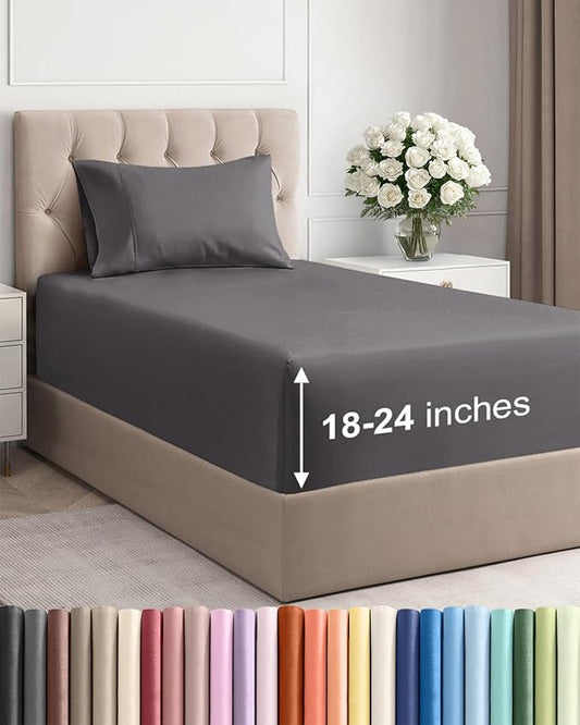 Extra Deep Pocket Twin Sheets - 3 Piece Breathable & Cooling Bed Sheets - Hotel Luxury Bed Sheet Set - Soft, Wrinkle Free & Comfy - Easily Fits Extra Deep Mattresses - Deep Pocket Dark Grey Sheets Set