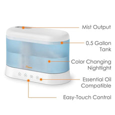 Crane 1.9 Liter Top Fill Cool Mist Humidifier & Essential Oil Diffuser, Whisper-Quiet, 15-Hour Run Time, Night Light, Small Room Air Humidifier, Humidifiers For Bedroom Kids