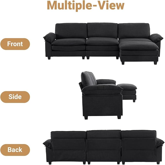 VINGLI 121" Cloud Linen Couch, Comfy Modular Sectional Sofa Set for Living Room,Modern 3-Seat Convertible Loveseat Sofa with 1 Ottoman for Small Space, Black