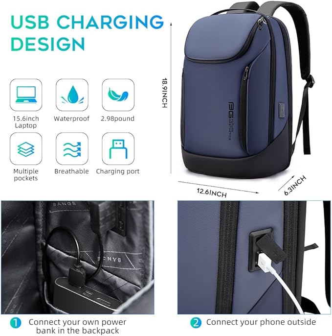 BANGE Business Smart Backpack Waterproof fit 15.6 Inch Laptop Backpack with USB Charging Port,Travel Durable Backpack