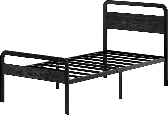 14 Inch Twin Size Bed Frames with Wooden Headboard and Footboard, Rustic Black Wood Bed Frame Twin No Box Spring Needed, Heavy Duty Mattress Foundation, Easy Assembly