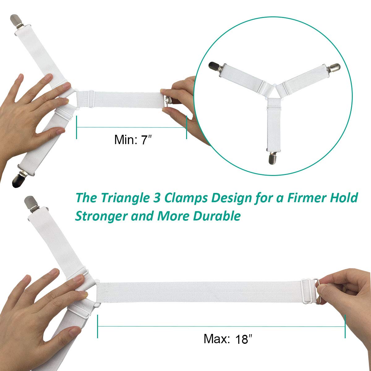 Bed Sheet Fasteners, Adjustable Mattress Suspenders, Mattress Cover Straps, Bed Corner Holder and Keepers and the Bed Sheet Grippers Clips (Triangle White Set of 4) Dormly