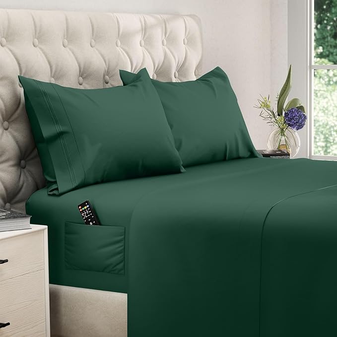 DREAMCARE King Size Sheets Set – 4 pcs Cooling Sheets – up to 21” Deep Pocket King Sheet Set – Hotel Luxury Sheets & Pillowcases – Superior Softness 100% Microfiber with Side Pocket - Emerald Green
