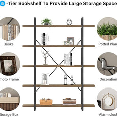 HSH Industrial Wood and Metal 5 Tier Bookshelf, Large Tall Open Rustic Wide Etagere Bookcase, Vintage Farmhouse Modern Wooden Big Book Shelf for Home Living Room Bedroom Office Storage, Rustic Oak