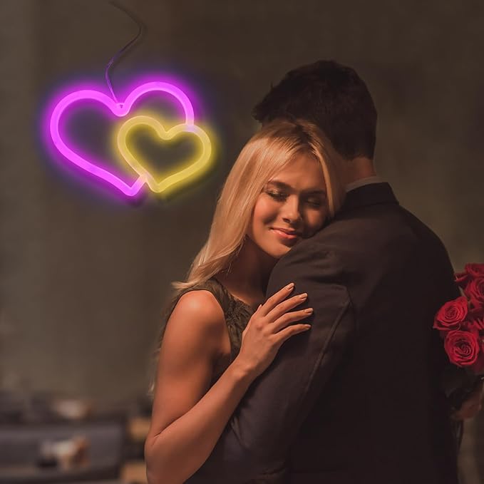 BRIGHTDECK Heart Neon Signs, Pink Heart Neon Sign Battery Operated or USB Powered Decorations Lights, LED Wall Décor for Birthday Gift, Wedding, Party, Home Decor