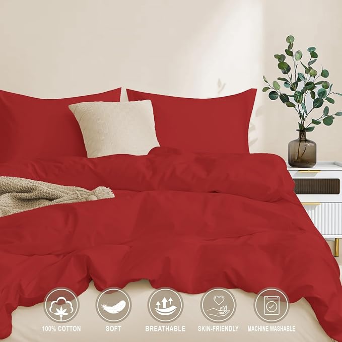 100-Percent Cotton Duvet Cover Set, Hidden Zipper Closure, Ultra Soft, Easy Care and Durable, Simple Bedding Style, Queen, Red (Comforter Not Included)