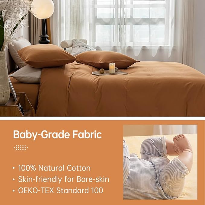 JELLYMONI Cotton Duvet Cover King Size - 100% Washed Cotton Linen Like Textured Comforter Cover, 3 Pieces Breathable Soft Bedding Set with Zipper Closure (Burnt Orange, King 104"x90")