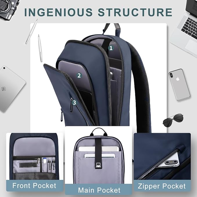 hk Backpack for Men Business Slim Backpack with USB Charger Computer Lightweight Anti-theft Travel Backpacks 15.6 inch Water Resistant Laptop Bag for Work Office College-Dark Blue