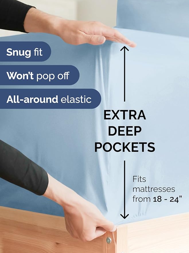 Extra Deep Pocket Queen Sheet Set - 4 Piece Breathable & Cooling Bed Sheets - Hotel Luxury Sheet Set - Soft, Wrinkle Free and Comfy - Easily Fits Extra Deep Mattresses - Deep Pocket Sky Blue Sheets
