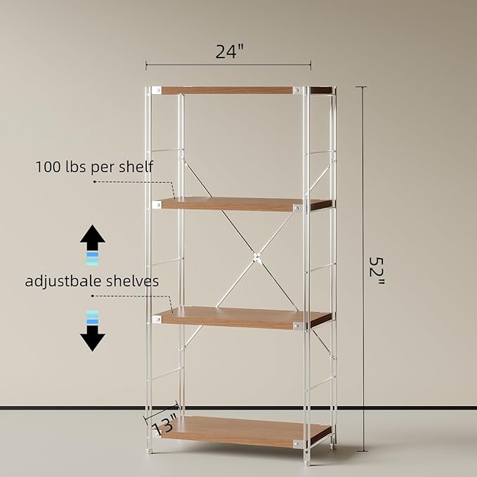 4-Tier Industrial Bookshelf, Storage Bookcase for Living Room, Bedroom, Home Office, and Kitchen, Dark Walnut, 13"x24"x52" Inches