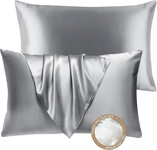 BHZ Grey Satin Goose Down Feather Pillows King Size Set of 2 with Satin Pillowcase for Hair and Skin, Cooling Pillow Cases Similar to Silk Pillow Cases, Decorative for Women, Mom Men