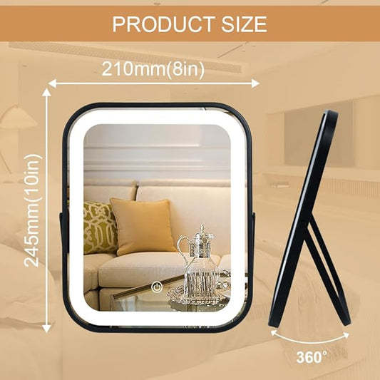 Lighted Vanity Mirror, Rechargeable Travel Makeup Mirror with Lights, 10''x8'' Desk Mirror with Lights,Make up Mirror with Lighting for Makeup Desk ＆ Dressing Room
