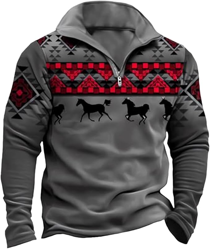 Western Sweatshirts for Men Aztec Cowboy Vintage Graphic Fleece Hoodie Mens Quarter Zip Pullover Country Jacket