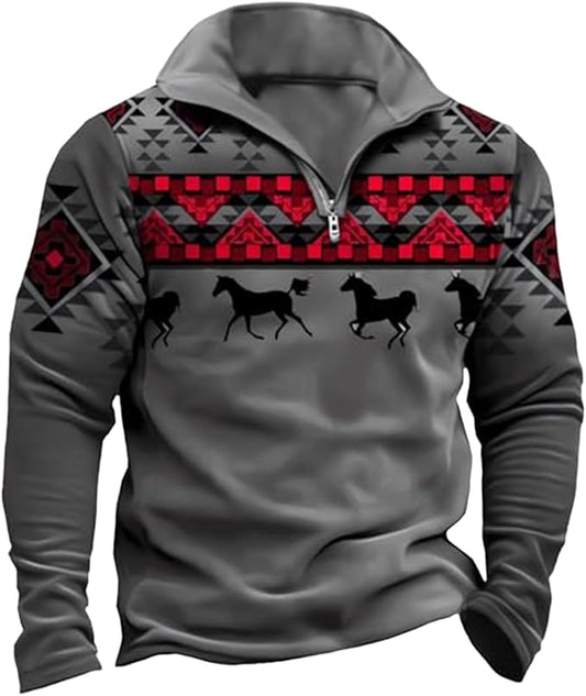 Western Sweatshirts for Men Aztec Cowboy Vintage Graphic Fleece Hoodie Mens Quarter Zip Pullover Country Jacket