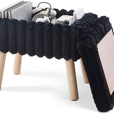 Wimarsbon Storage Ottoman,Soft Faux Fur Footstool with Padded Seat, Small Reading Vanity Chair, Footrest with Wood Tray for Couch, Mini Coffee Table or Display Stand (Black, Rectangular Storage)