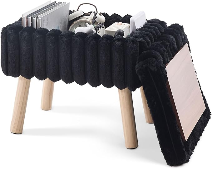 Wimarsbon Storage Ottoman,Soft Faux Fur Footstool with Padded Seat, Small Reading Vanity Chair, Footrest with Wood Tray for Couch, Mini Coffee Table or Display Stand (Black, Rectangular Storage)