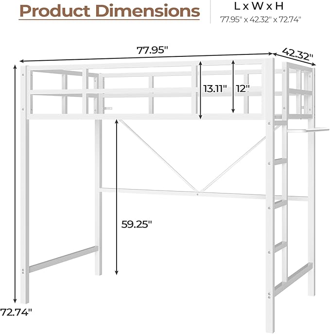 DICTAC Loft Bed Twin Size with Ladder and Guardrail,Metal Twin Loft Bed for Kid/Teen with Led Lights,Small Space Saving Furniture Design for Bedroom,Kid Room and Dorm,No Box Spring Needed, White