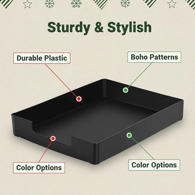 Letter-Size Tray, 2 PCS Desk Drawer Organizer, A4 Stackable Plastic Paper Tray for Office, School, Home Storage, and Storage Containers for Christmas Ornaments, Gift Wrap, and Crafts (2X Black)