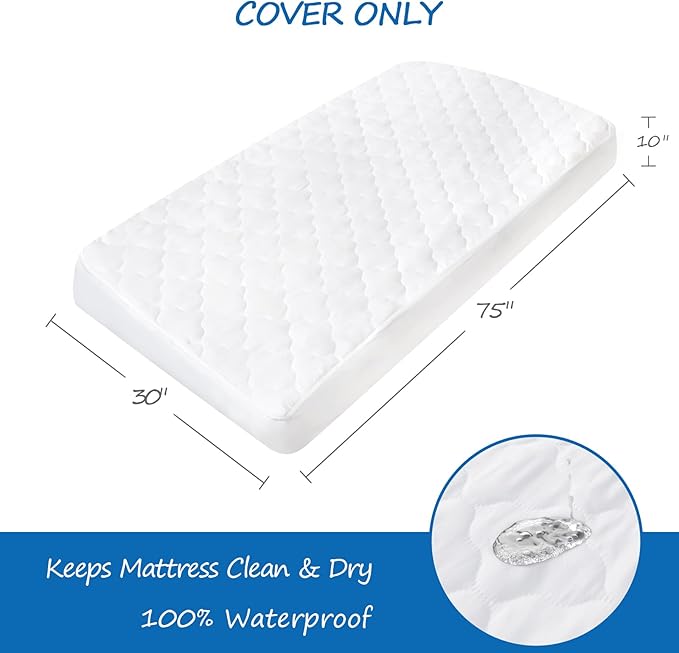 Cot Mattress Pad Protector Waterproof, Quilted Cot Size Mattress Cover 30" X 75" X 10" Fitted for Narrow Twin/Camp Bunk/Rvs Bunk/Guest Beds, Deep Pocket Mattress Topper, White (Cover Only)