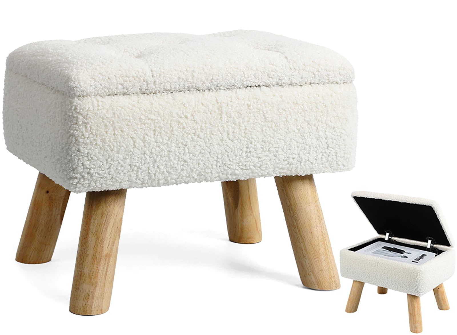 OGEMXU Storage Ottoman, Small Foot Stool Ottoman with Storage, Boucle Teddy Velvet Foot Rest with Padded Seat, Sturdy Wood Legs Stool for Living Room, Bedroom, Couch, Enterway (Cream) Dormly