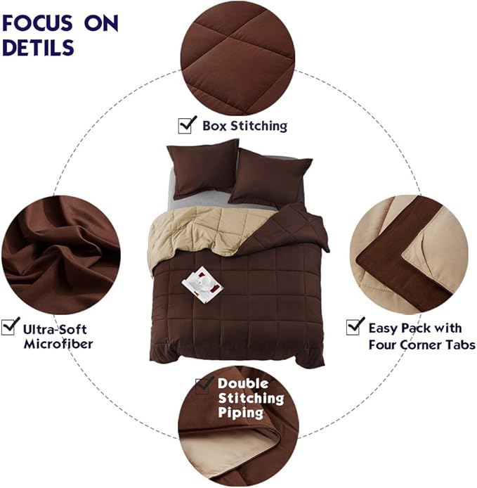 HIG 3pc Down Alternative Comforter Set - All Season Reversible Comforter with Two Shams - Quilted Duvet Insert with Corner Tabs - Box Stitched - Super Soft, Fluffy (King/Cal King, Chocolate)