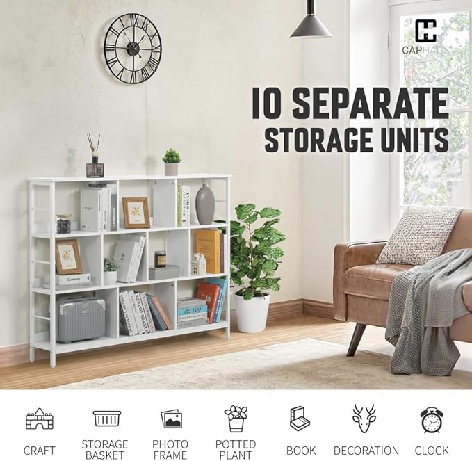 CAPHAUS 10 Cube Storage Organizer, 55” Wide 3 Tier White Industrial Open Shelf Bookcase, Display Shelf, Horizontal Bookshelf with Metal Frame, Wooden Board, for Living Room, Bedroom, Office