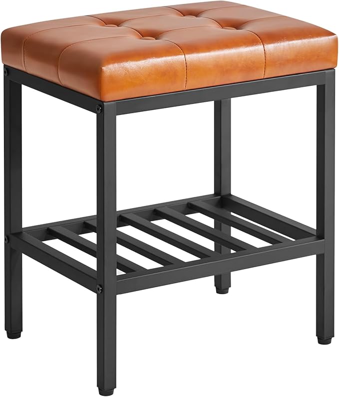 IBUYKE Rectangular Makeup Stool with Adjustable Feet and Storage Space, Footrest Chair, PU Vanity Seat, Multi-Use as Small Side Table or Ottoman, for Bedroom, Light Brown WBD017J