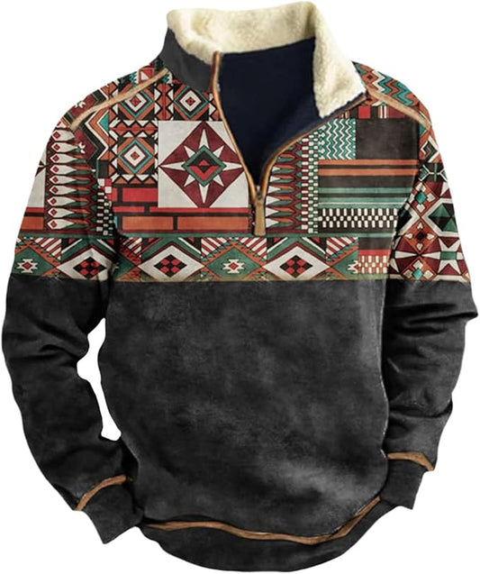 Western Sweatshirts for Men Aztec Cowboy Vintage Graphic Fleece Hoodie Mens Quarter Zip Pullover Country Jacket