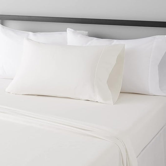Amazon Basics Lightweight Super Soft Easy Care Wrinkle Free Microfiber 3 Piece Bed Sheet Set with 14-Inch Deep Pockets, Twin, Cream, Solid, Kids, Men & Women Bedding AmazonBasics