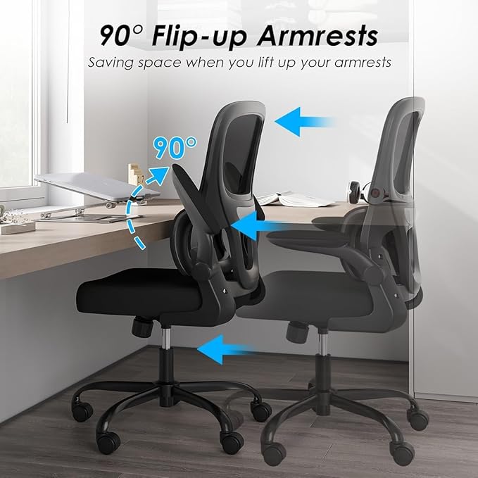Soohow Office Chair, Mesh Ergonomic Office Chair with Lumbar Support, Comfy Swivel Computer Desk Chair with Flip Armrest Rolling Wheels for Home Study Room Office, Black & Black