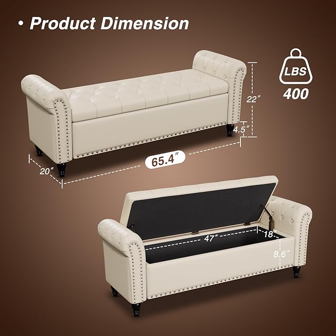 65 Inch Bedroom Bench, End of Bed Bench with Storage, Bed Benches for Foot of Bed, Faux Leather Window Bench with Tufted Button and Nailhead Trim, Upholstered Storage Bench, Rolled Arms, Cream White