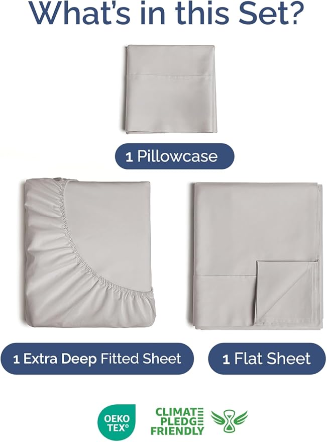 Extra Deep Pocket Twin Sheets - 3 Piece Breathable & Cooling Bed Sheets - Hotel Luxury Bed Sheet Set - Soft, Wrinkle Free & Comfy - Easily Fits Extra Deep Mattresses - Deep Pocket Light Grey Sheets