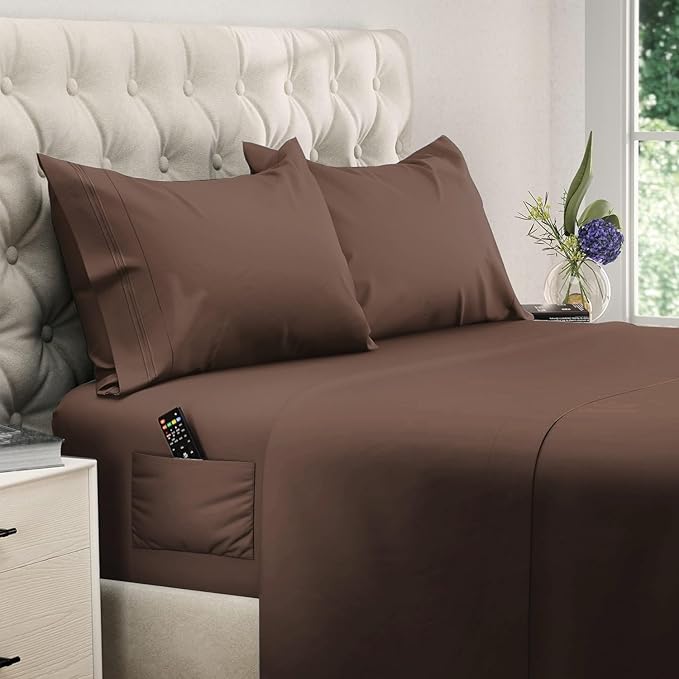 DREAMCARE Queen Sheet Set – 4 pcs Cooling Sheets – up to 21” Extra Deep Pocket Queen Sheets – Hotel Luxury – Superior Softness 100% Microfiber with Side Pocket - Mocha Brown DREAMCARE