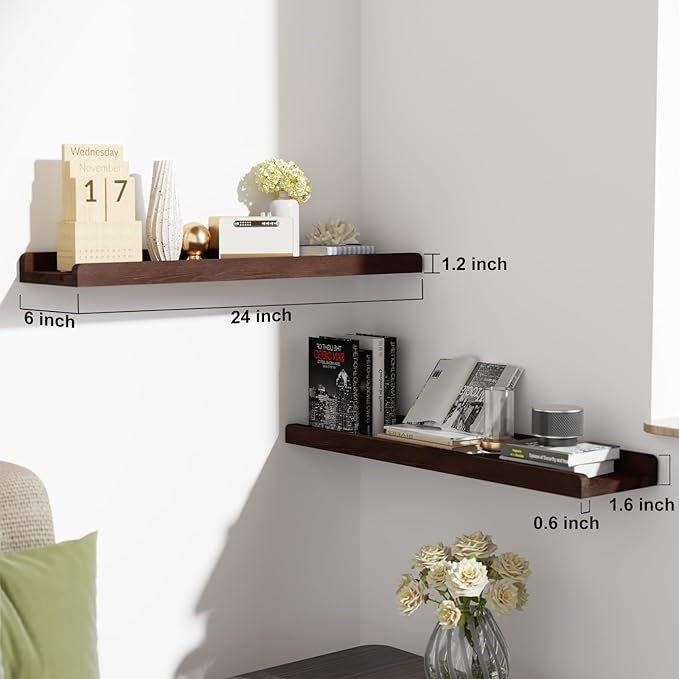 Love-KANKEI Floating Shelves Wall Mounted Set of 2, 24 Inch Wood Storage Wall Shelves for Bedroom Living Room Bathroom Kitchen Office and More Dark Walnut