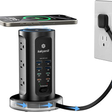 115W USB Charging Station, Surge Protector Power Strip Tower, 9 AC Outlets with 8 USB Ports(4 USB-C), 6Ft Flat Plug Retractable Extension Cord, for Home Office Dorm, Black