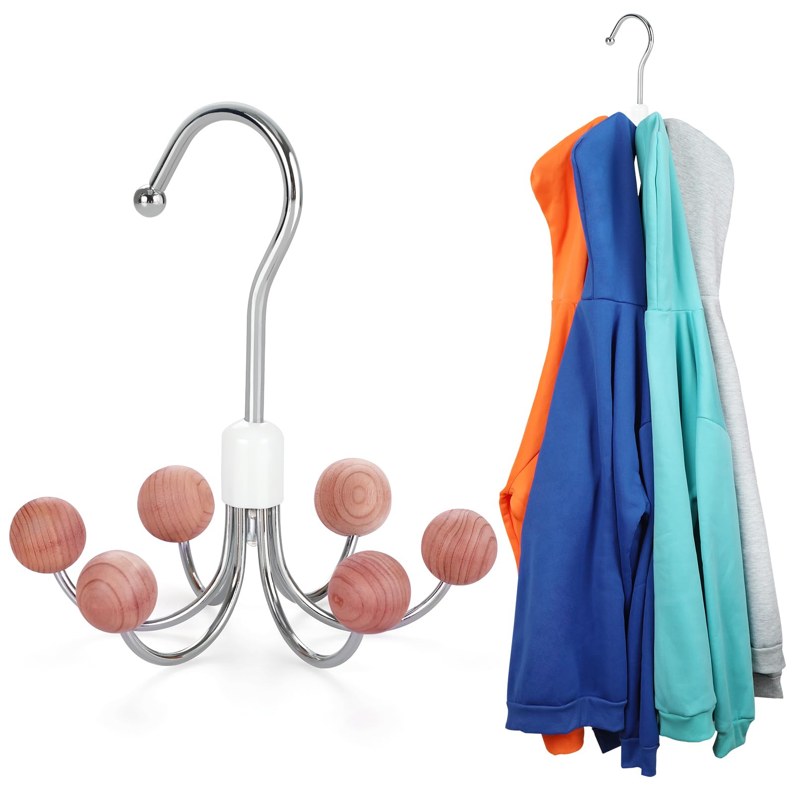 TOPIA HANGER Hoodie Hangers with 6 Wood Balls, 360°Swivel Purse Hanger, Scarf Hanger, Closet Hooks, Handbag Organizer, Bra Hanger, Accessory Organizers for Scarf, Tanktop, Hat, Hoodie CT56W