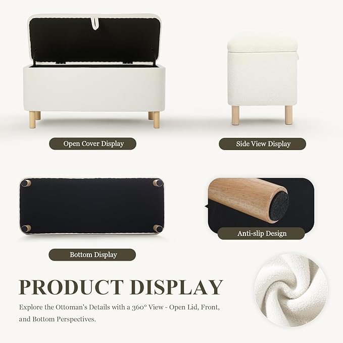 Ottoman with Storage, Storage Ottoman Bench, Entryway Bench, End of Bed Bench with Wood Legs for Bedroom, Living Room,2PCS,Cream