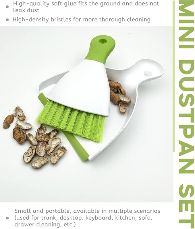 Dust pan Broom Brush Dustpan - Small Broom and Dustpan Set,Mini Broom and Dustpan, Small Dustpan and Brush Set for Home Cleaning,Sofa,Desk,Guinea Pig Cage,Cat Litter etc.（Green 3 Set）