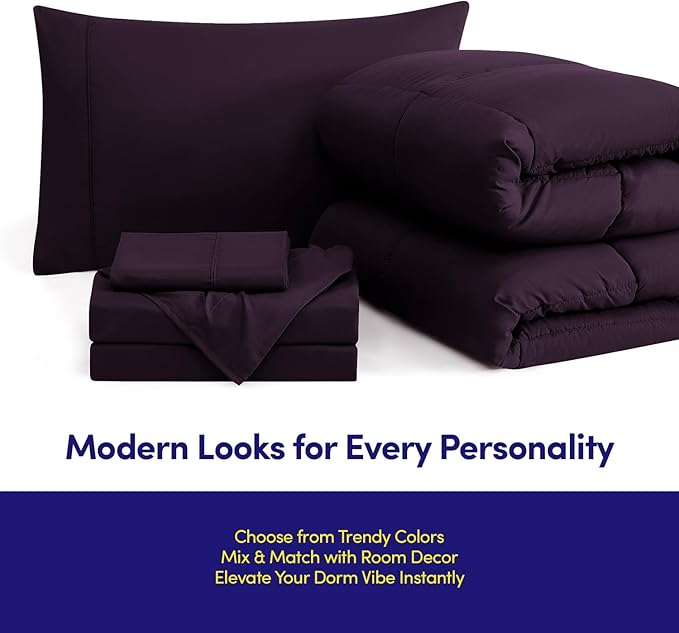 Dorm Room Essentials College Bedding Comforter Set 5 Piece Twin Size Bed in a Bag for College Students Boys and Girls, Twin, Purple
